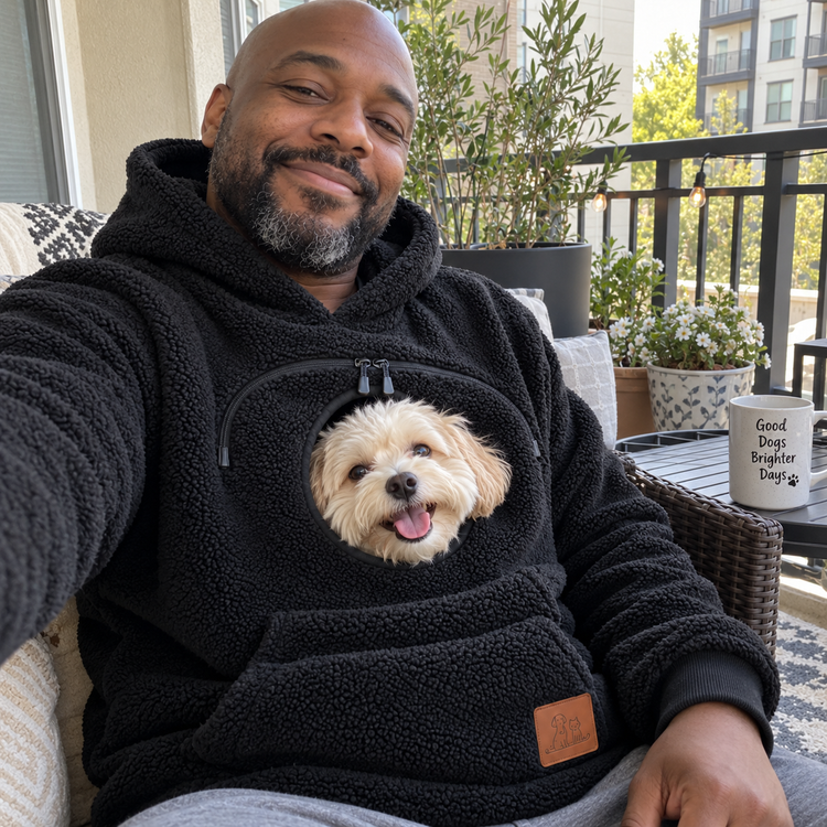 Customer wearing the Doggy Pocket Hoodie with their dog