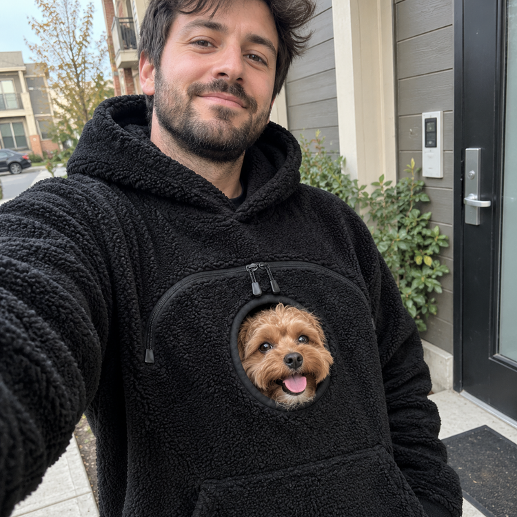 Customer wearing the Doggy Pocket Hoodie with their dog